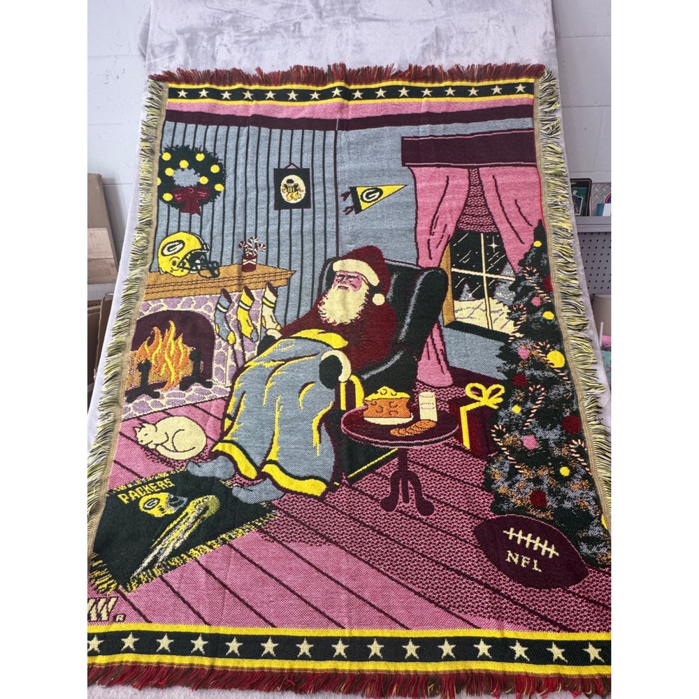 Green Bay Packers Santa & Victorian Christmas Woven Tapestry Throw Blanket Lot